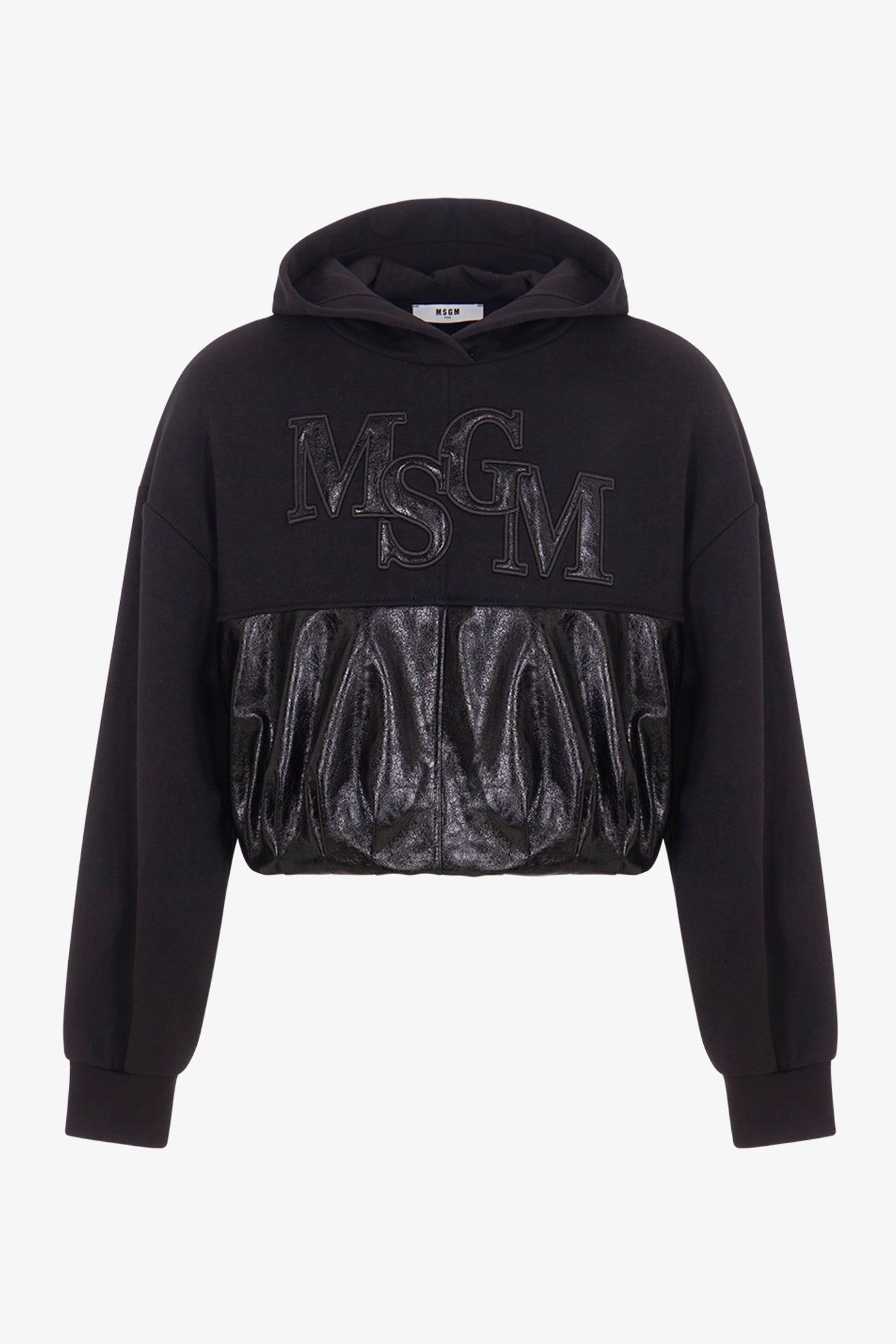 Black hoodie with 'MSGM' branding on a white background