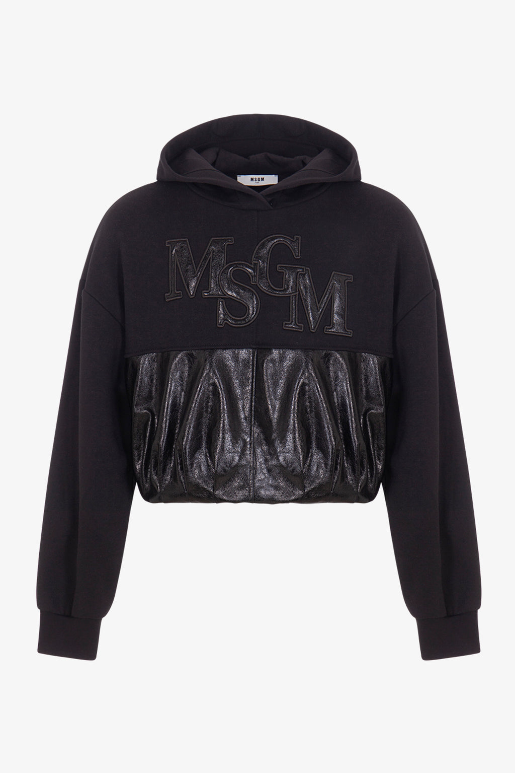 Black hoodie with 'MSGM' branding on a white background